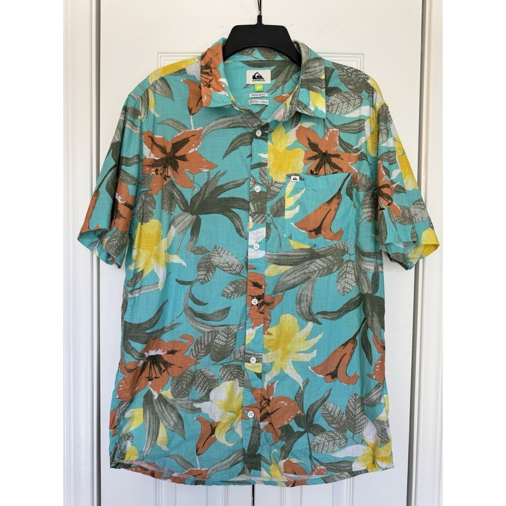 Quiksilver Shirt Mens Size M Multi-Color Floral Hawaiian Button Up Short Sleeve